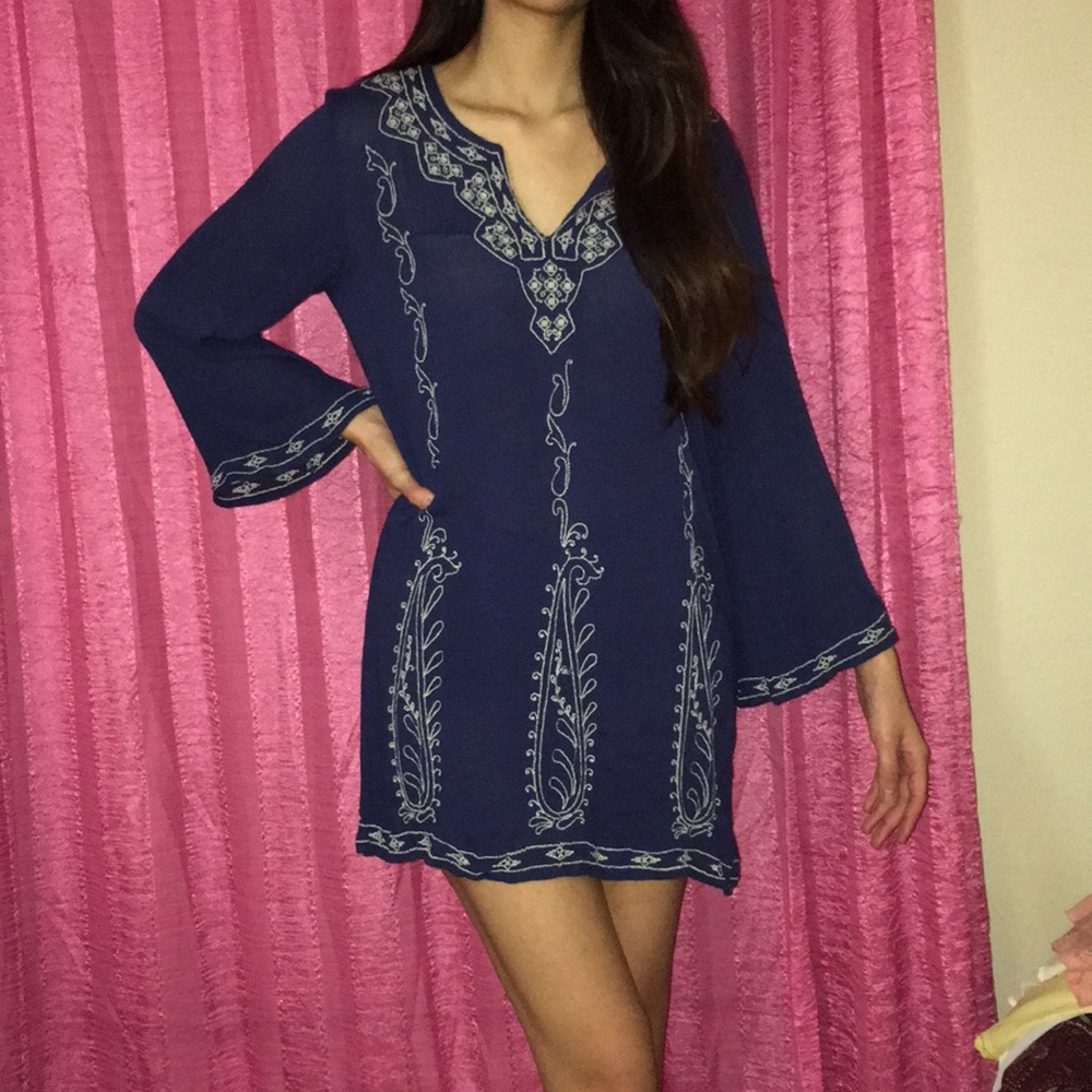 Navy Embroidered Sun Dress Bell Arms Short